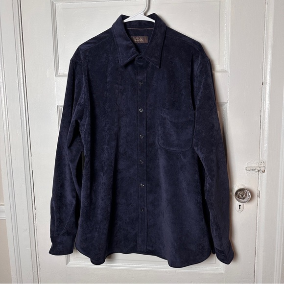 Tasso Elba Corduroy Button Down XL Shirt Navy Blue Roll Tab Sleeve Casual - Picture 3 of 14
